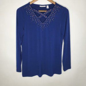 Susan Graver Womens Liquid Knit Embellished V-Neck Top Size XS Blue Long Sleeve